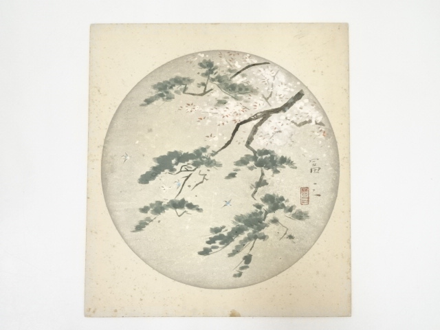 JAPANESE ART / HAND PAINTED SHIKISHI / SAKURA WITH PINE TREE
